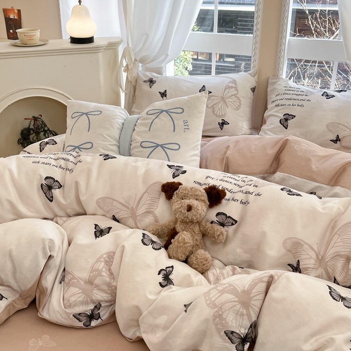 91家纺网 家纺一手货源 找家纺 Sweet dreams甜梦 2025新款全棉印花卡通小清新四件套 蝶花