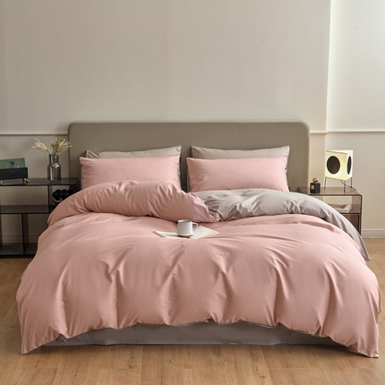 91家纺网 家纺一手货源 找家纺 佳汐蓝家纺 2025新款全棉纯色双拼-简兮系列四件套 简兮-豆沙+山灰