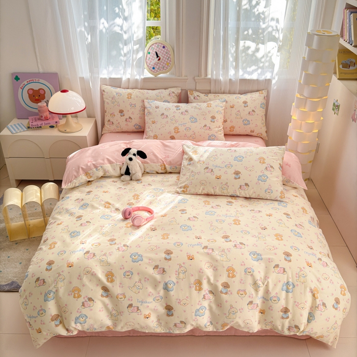 91家纺网 家纺一手货源 找家纺 清雅福 2025全棉13372小清新四件套和单品早春系列第一批 - 单被套 狗狗家族