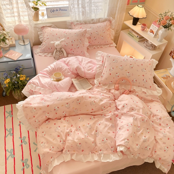 91家纺网 家纺一手货源 找家纺 慕澄家纺 2025新款法式浪漫风花边款水洗棉四件套 花边款-粉咪咪