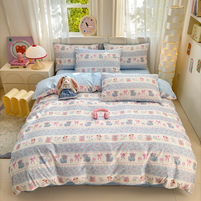 91家纺网 家纺一手货源 找家纺 清雅福 2025全棉13372小清新四件套和单品早春系列第一批-四件套 甜蜜萌宠