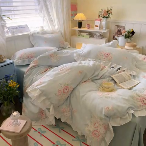 91家纺网 家纺一手货源 找家纺 慕澄家纺 2025新款法式浪漫风花边款水洗棉四件套 花边款-爱丽丝