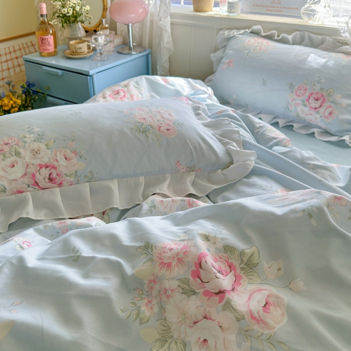 91家纺网 家纺一手货源 找家纺 慕澄家纺 2025新款法式浪漫风花边款水洗棉四件套 花边款-爱丽丝