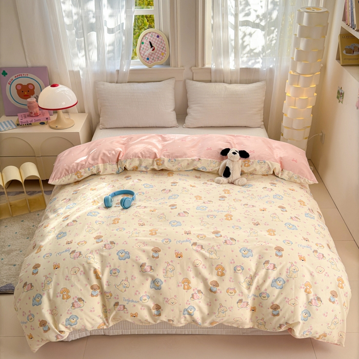 91家纺网 家纺一手货源 找家纺 清雅福 2025全棉13372小清新四件套和单品早春系列第一批 - 单被套 狗狗家族