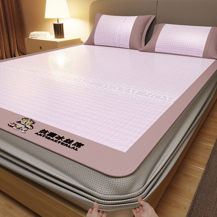 91家纺网 家纺一手货源 找家纺 阿牛席业 2025新款熊先生凉感冰丝系列凉席 熊先生-粉床笠款