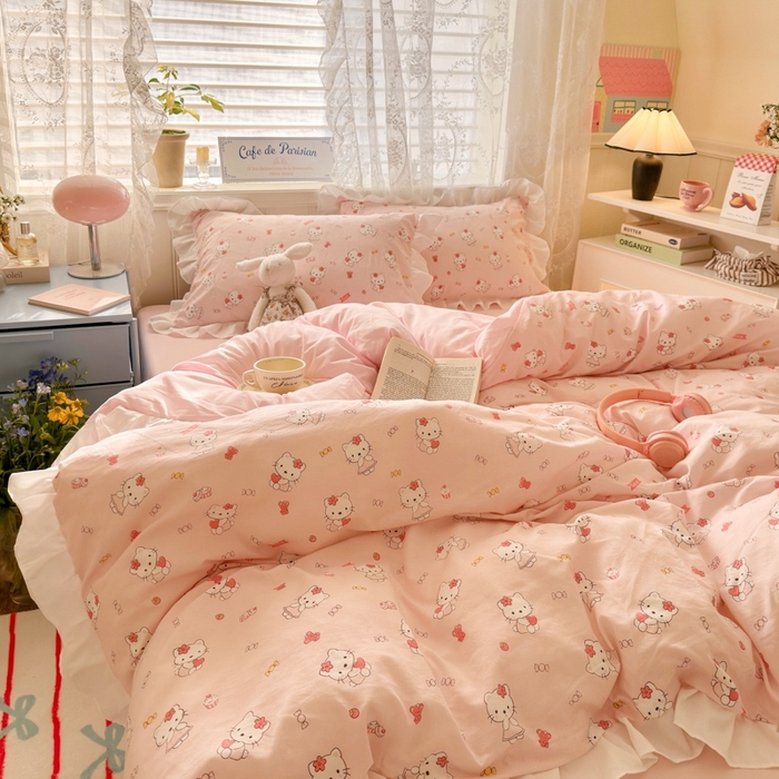 91家纺网 家纺一手货源 找家纺 慕澄家纺 2025新款法式浪漫风花边款水洗棉四件套 花边款-粉咪咪