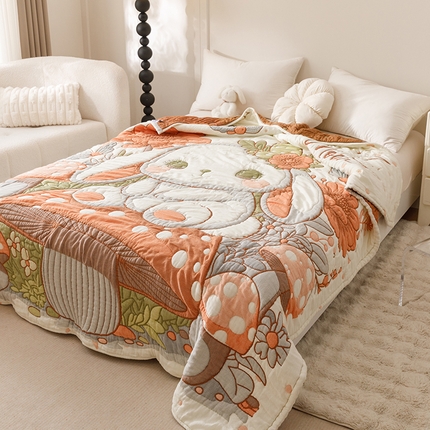 91家纺网 家纺一手货源 找家纺 朴尔家纺-毛巾被 2025新款纯棉云朵棉十层加厚清柔纱布泡芙被 森林兔