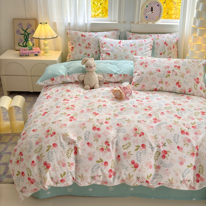 91家纺网 家纺一手货源 找家纺 清雅福 2025全棉13372小清新四件套和单品早春系列第一批 - 单被套 繁樱似梦