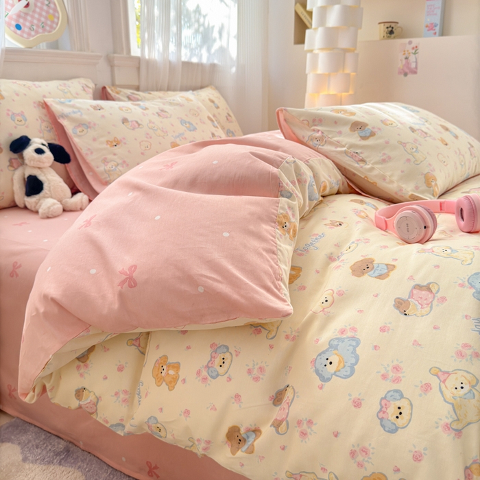 91家纺网 家纺一手货源 找家纺 清雅福 2025全棉13372小清新四件套和单品早春系列第一批 - 单被套 狗狗家族