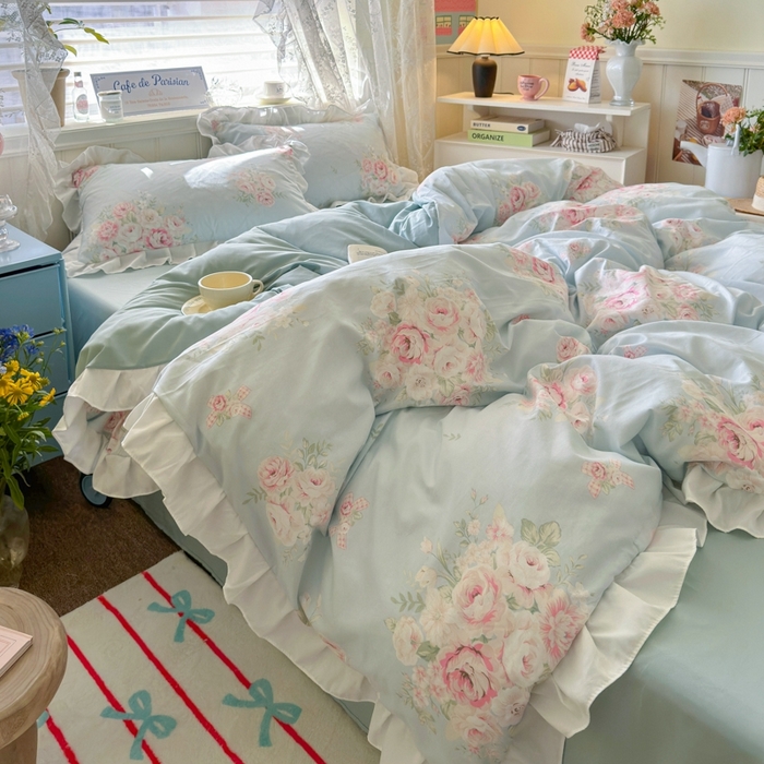 91家纺网 家纺一手货源 找家纺 慕澄家纺 2025新款法式浪漫风花边款水洗棉四件套 花边款-爱丽丝