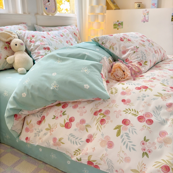 91家纺网 家纺一手货源 找家纺 清雅福 2025全棉13372小清新四件套和单品早春系列第一批-四件套 繁樱似梦