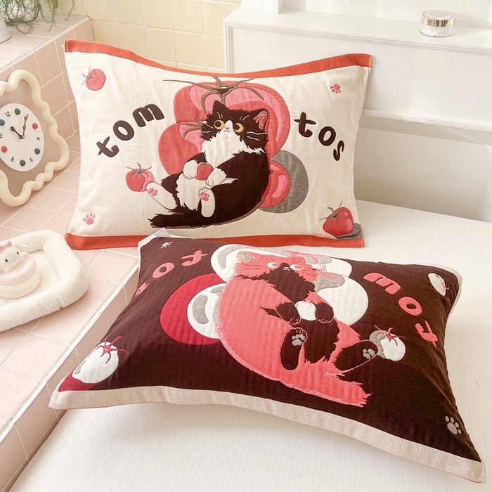 91家纺网 家纺一手货源 找家纺 朴尔家纺-毛巾被 2025新款多彩八层纯棉加厚纱布枕巾 西红柿猫