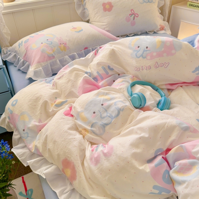 91家纺网 家纺一手货源 找家纺 慕澄家纺 2025新款法式浪漫风花边款水洗棉四件套 花边款-小象