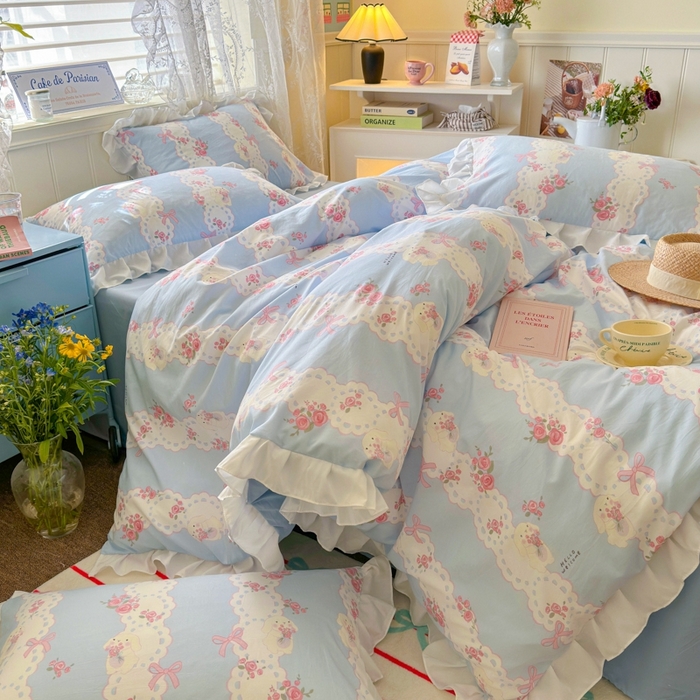 91家纺网 家纺一手货源 找家纺 慕澄家纺 2025新款法式浪漫风花边款水洗棉四件套 花边款-蓝色花语