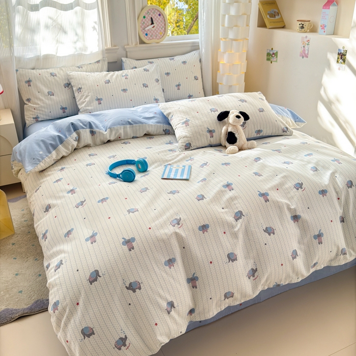 91家纺网 家纺一手货源 找家纺 清雅福 2025全棉13372小清新四件套和单品早春系列第一批 - 单被套 跳跳象