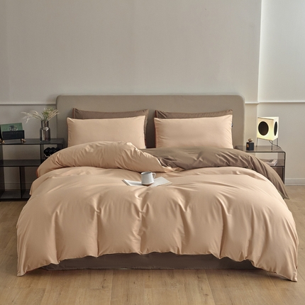 91家纺网 家纺一手货源 找家纺 佳汐蓝家纺 2025新款全棉纯色双拼-简兮系列四件套 简兮-奶茶+大地色