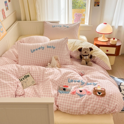 葡萄家 2025专版高克重超萌卡通格子双拼毛巾绣软糯糯水洗棉四件套 森林派对