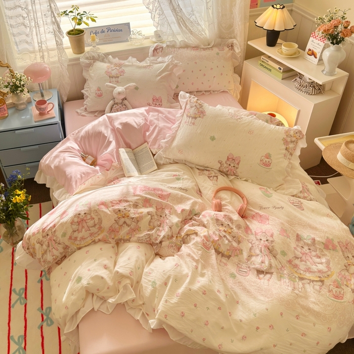 91家纺网 家纺一手货源 找家纺 慕澄家纺 2025新款法式浪漫风花边款水洗棉四件套 花边款-洛丽塔