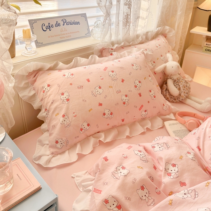 91家纺网 家纺一手货源 找家纺 慕澄家纺 2025新款法式浪漫风花边款水洗棉四件套 花边款-粉咪咪