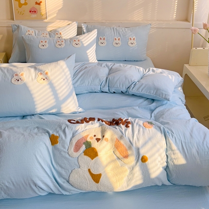 逸尚阁 2025新款可爱兔毛巾绣水洗棉四件套【提供买家秀】 可爱兔-蓝