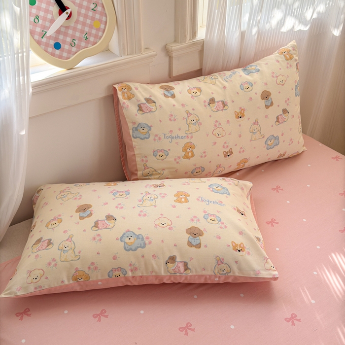 91家纺网 家纺一手货源 找家纺 清雅福 2025全棉13372小清新四件套和单品早春系列第一批-单枕套 狗狗家族