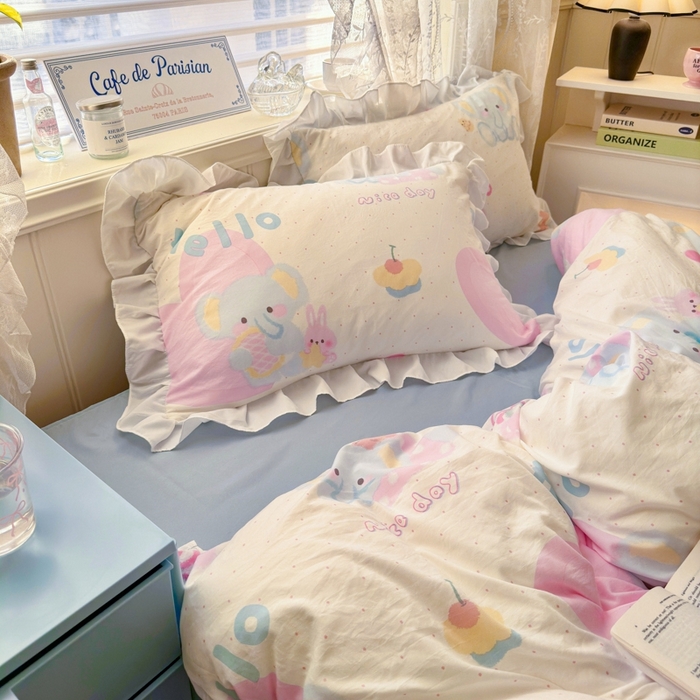 91家纺网 家纺一手货源 找家纺 慕澄家纺 2025新款法式浪漫风花边款水洗棉四件套 花边款-小象