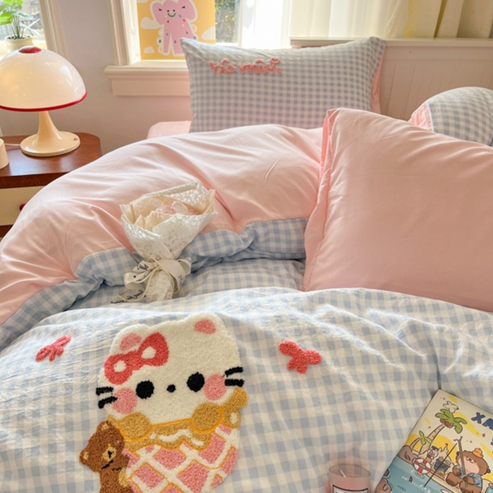 91家纺网 家纺一手货源 找家纺 葡萄家 2025专版高克重超萌卡通格子双拼毛巾绣软糯糯水洗棉四件套 冰淇淋KT