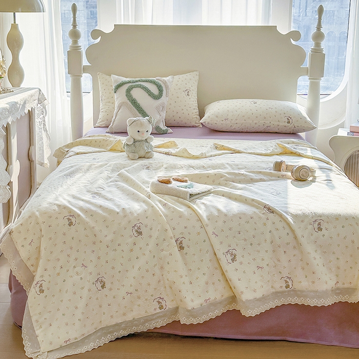 91家纺网 家纺一手货源 找家纺 木楌家居 2025新款全棉双层纱大豆夏被 花枝小兔