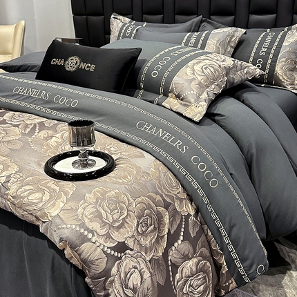 91家纺网 家纺一手货源 找家纺 富宁家纺 2025新款刺绣拼金丝提花磨毛四件套-花梦里 花梦里暮云灰