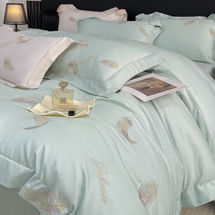 轻奢风新品贡缎长绒棉四件套纯棉全棉重工刺绣床单被套高端床上用品 芊羽梦-茶绿