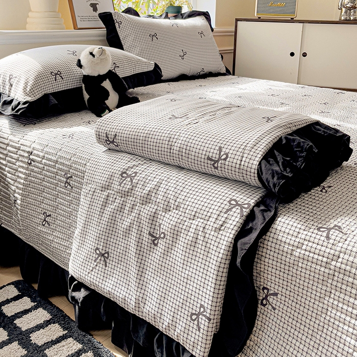 91家纺网 家纺一手货源 找家纺 富米莱（原臻工厂） 2025新款A类针织双层纱赫本风床盖四件套 赫本风一格子蝴蝶结