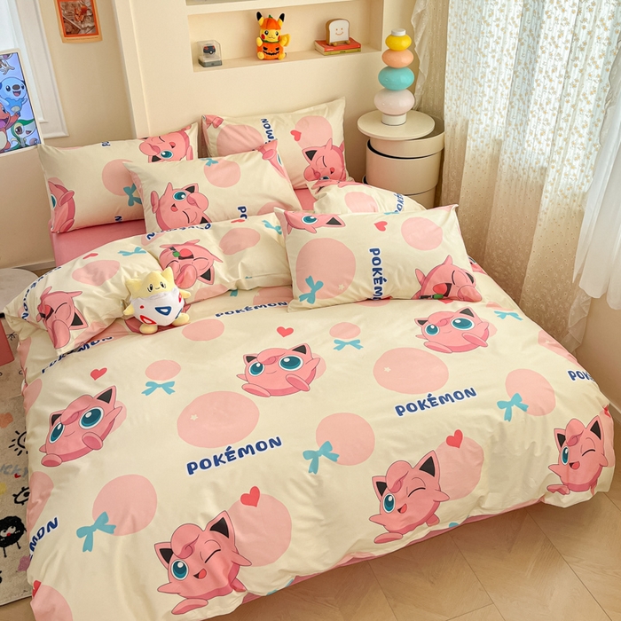 91家纺网 家纺一手货源 找家纺 金爱家 2025新款宝可梦正版授权皮卡丘纯棉印花系列四件套 棉宝可梦-蝴蝶结胖丁