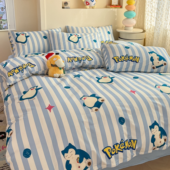 91家纺网 家纺一手货源 找家纺 金爱家 2025新款宝可梦正版授权皮卡丘纯棉印花系列四件套 棉宝可梦-蓝条卡比兽