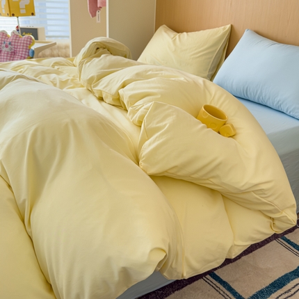 妖妖家纺 2025新款云感针织棉混搭四件套 奶黄+天蓝