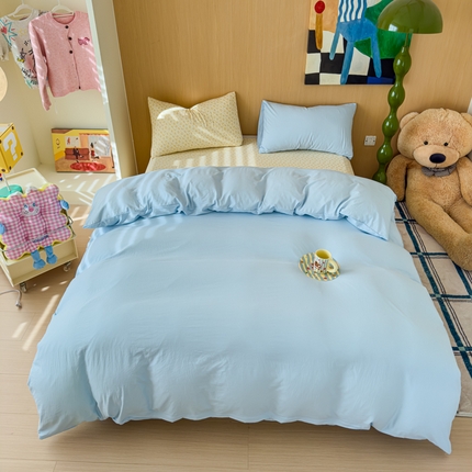 91家纺网 家纺一手货源 找家纺 妖妖家纺 2025新款云感针织棉混搭四件套 天蓝+微风轻抚