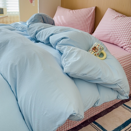 妖妖家纺 2025新款云感针织棉混搭四件套 天蓝+粉小格