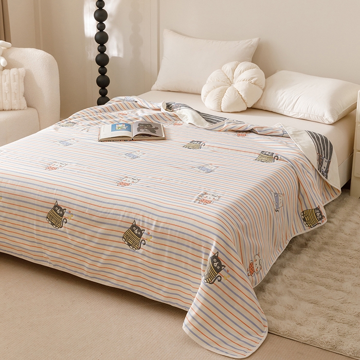 91家纺网 家纺一手货源 找家纺 悦然毛巾被 2025新款全棉６层纱毛巾被 清馨彩条米白