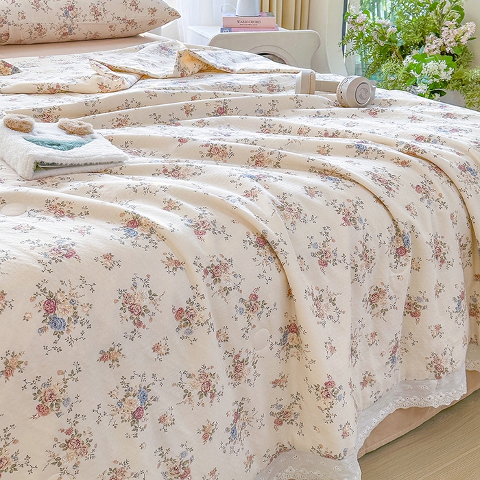 91家纺网 家纺一手货源 找家纺 木楌家居 2025新款全棉双层纱大豆夏被 梦莎花园