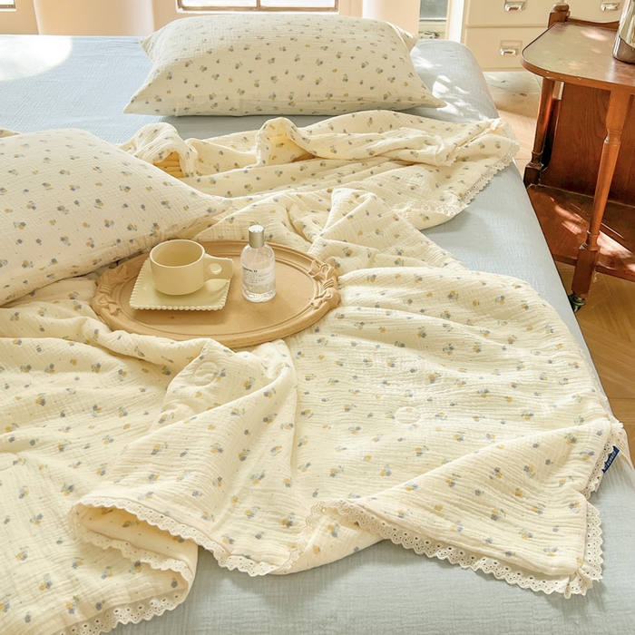 91家纺网 家纺一手货源 找家纺 木楌家居2025新款全棉皱皱纱花边款大豆夏被 沐黎