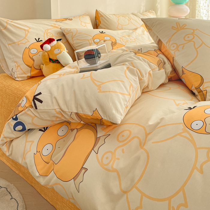 91家纺网 家纺一手货源 找家纺 金爱家 2025新款宝可梦正版授权皮卡丘纯棉印花系列四件套 棉宝可梦-奶黄可达鸭