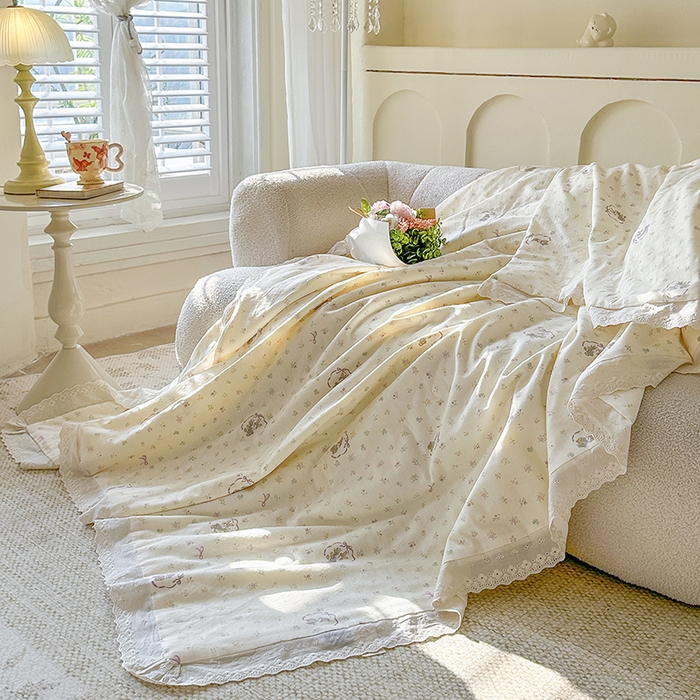 91家纺网 家纺一手货源 找家纺 木楌家居 2025新款全棉双层纱大豆夏被 花枝小兔