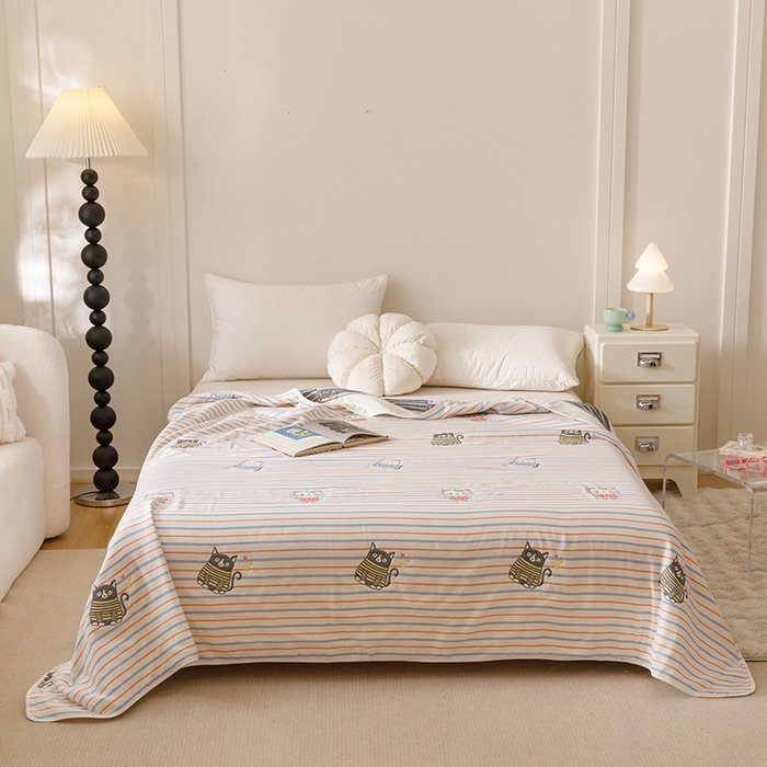 91家纺网 家纺一手货源 找家纺 悦然毛巾被 2025新款全棉６层纱毛巾被 清馨彩条米白