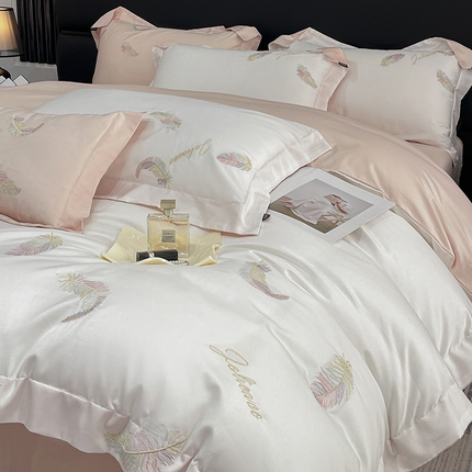 91家纺网 家纺一手货源 找家纺 轻奢风新品贡缎长绒棉四件套纯棉全棉重工刺绣床单被套高端床上用品 芊羽梦-白粉
