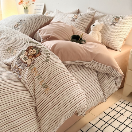 水云缦 2025新款全棉三层纱色织大提花绣花四件套-维尼款 维尼-奶咖色