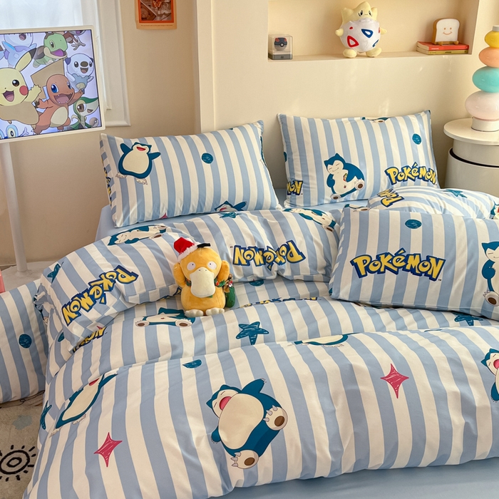91家纺网 家纺一手货源 找家纺 金爱家 2025新款宝可梦正版授权皮卡丘纯棉印花系列四件套 棉宝可梦-蓝条卡比兽