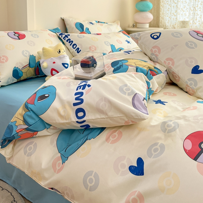 91家纺网 家纺一手货源 找家纺 金爱家 2025新款宝可梦正版授权皮卡丘纯棉印花系列四件套 棉宝可梦-欢快杰尼龟