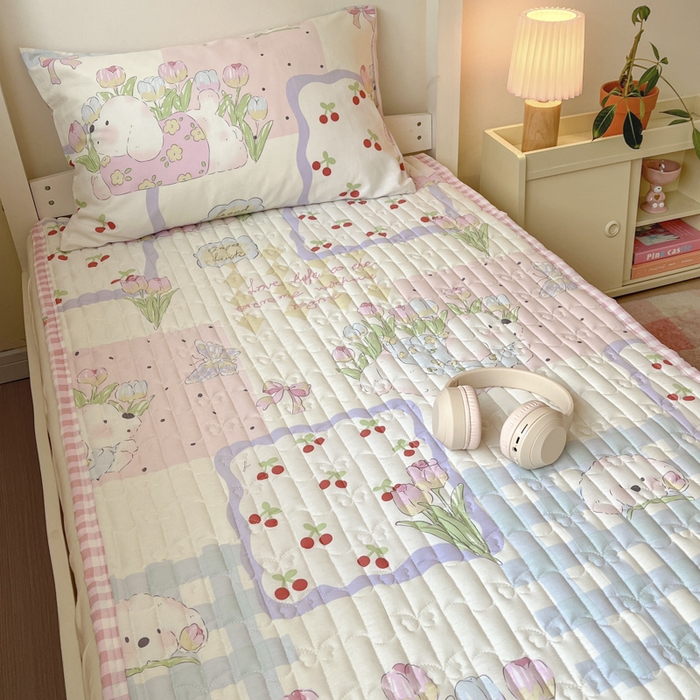 91家纺网 家纺一手货源 找家纺 Sweet dreams甜梦 2025新款全棉卡通小清新棉垫子床垫旅行垫 郁金香小狗