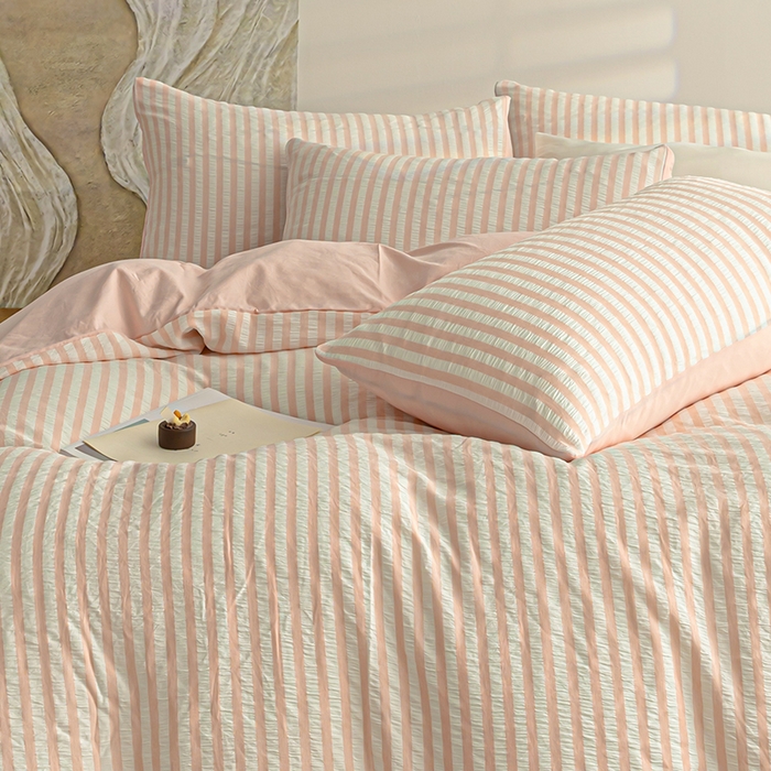 91家纺网 家纺一手货源 找家纺 恩和家纺 2025新款水洗提花条纹四件套 粉白条