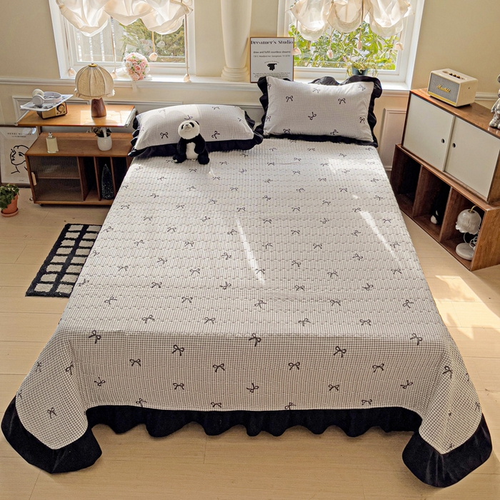 91家纺网 家纺一手货源 找家纺 富米莱（原臻工厂） 2025新款A类针织双层纱赫本风床盖四件套 赫本风一格子蝴蝶结