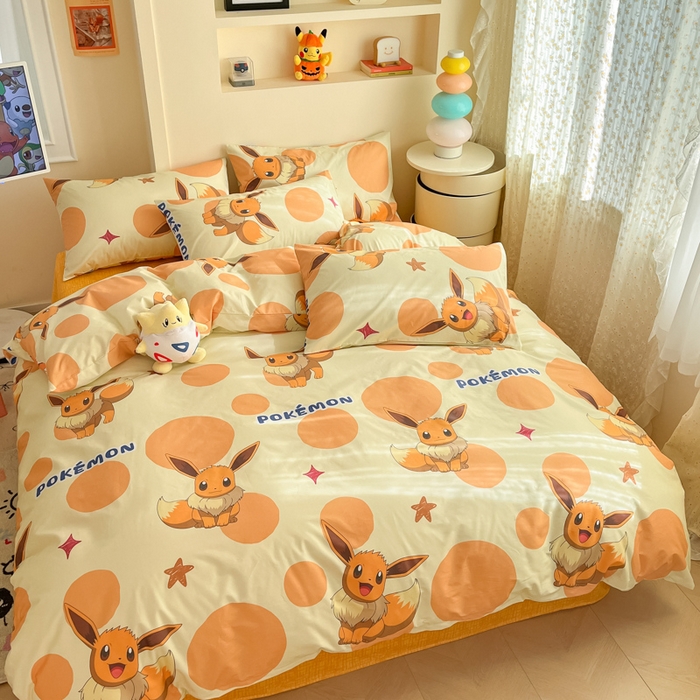 91家纺网 家纺一手货源 找家纺 金爱家 2025新款宝可梦正版授权皮卡丘纯棉印花系列四件套 棉宝可梦-泡泡伊布